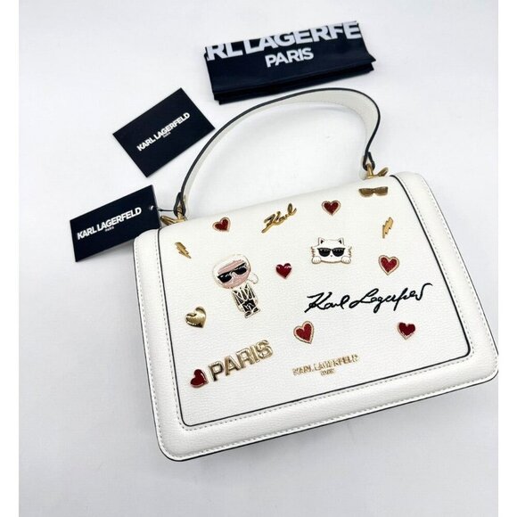 KARL LAGERFELD Simone leather flap top handle small satchel (no long strap)WHITE - Picture 8 of 12